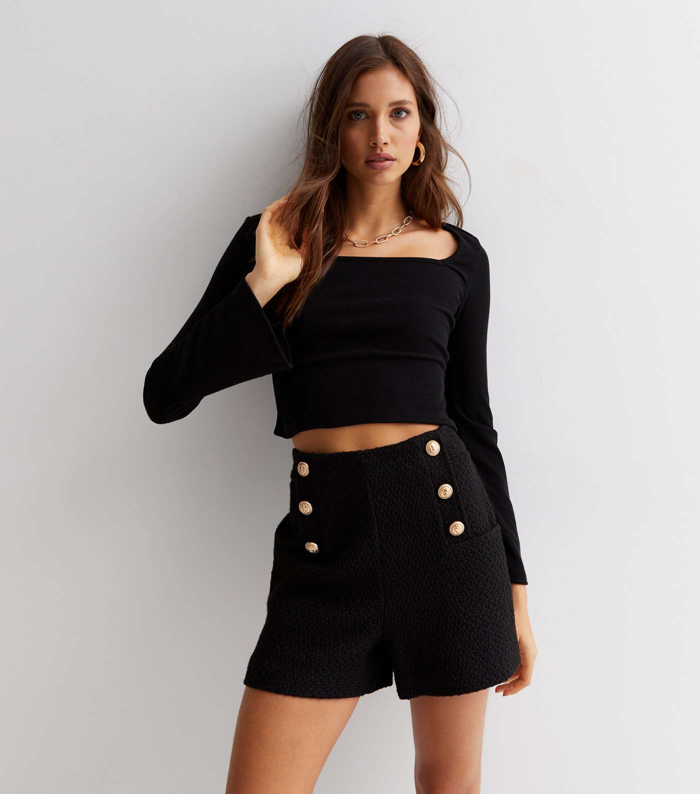 Black Ribbed Jersey Square Neck Bell Sleeve Crop Top Image 2