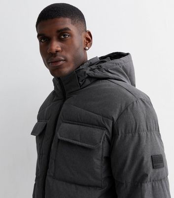 Men's Jack & Jones Grey Marl Hooded Pocket Detail Puffer Jacket New Look