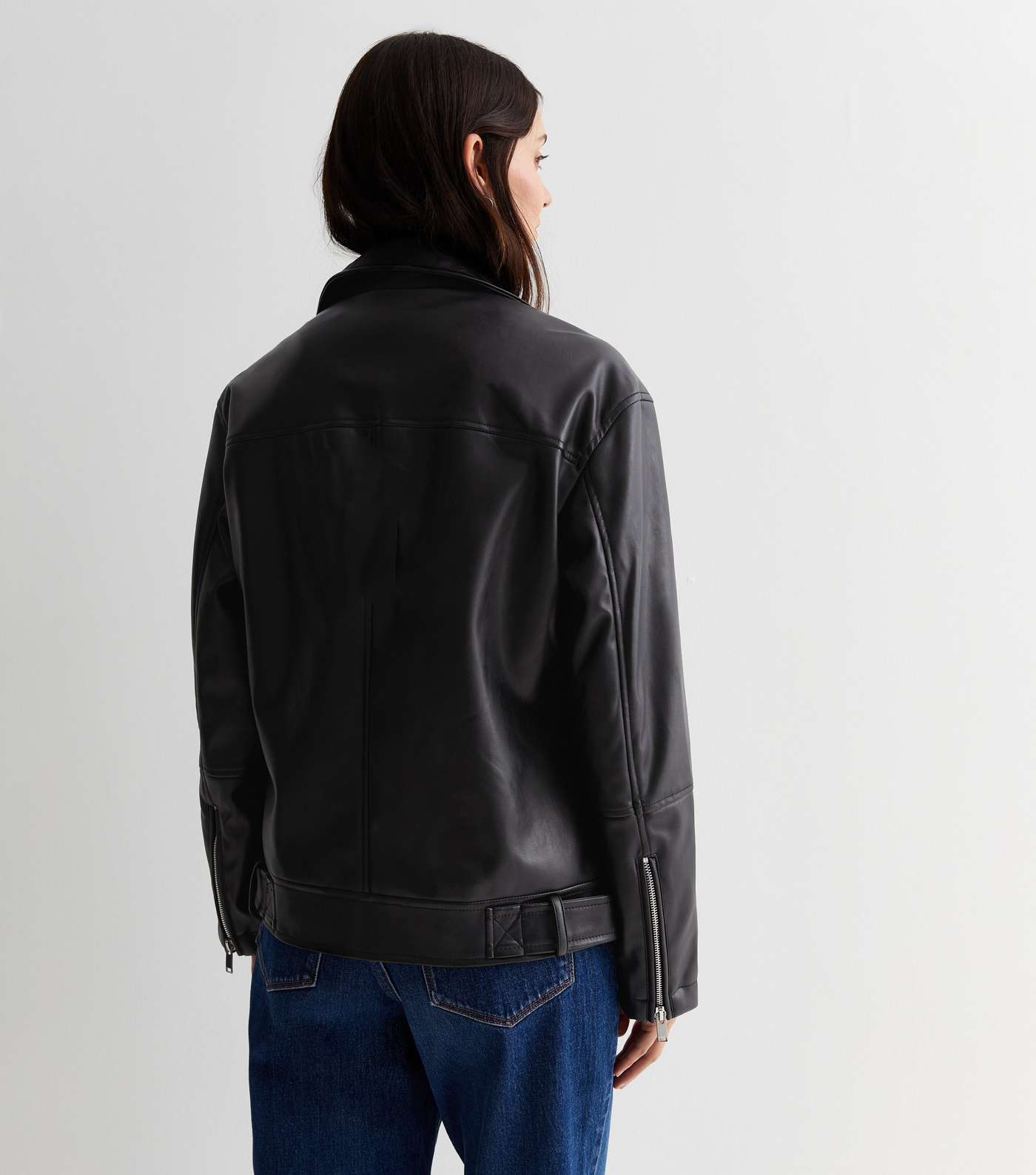 Black Leather-Look Oversized Biker Jacket Image 4