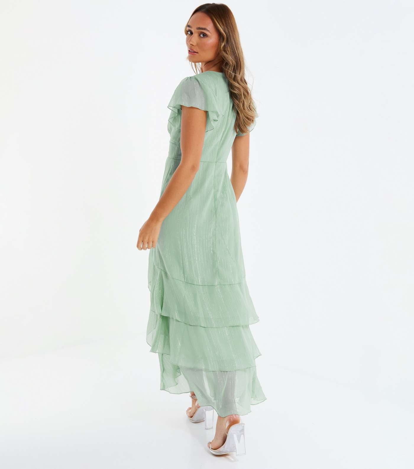 QUIZ Light Green Glitter Chiffon Tiered Hem Maxi Dress Image 3