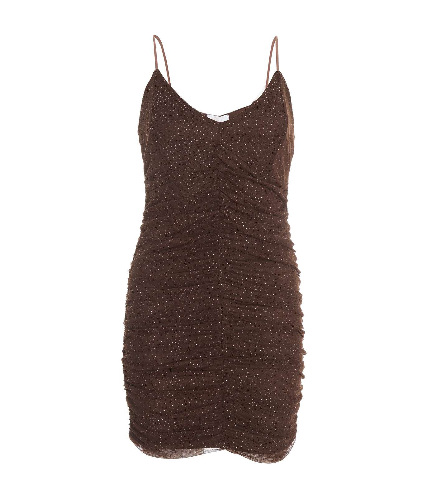 QUIZ Dark Brown Glitter Strappy Ruched Mini Bodycon Dress Image 4