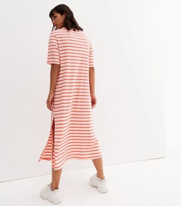 Pink Stripe Ribbed Jersey Oversized Midi T Shirt Dress New Look