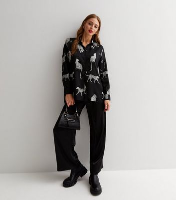 Black Leopard Print Satin Long Hem Shirt