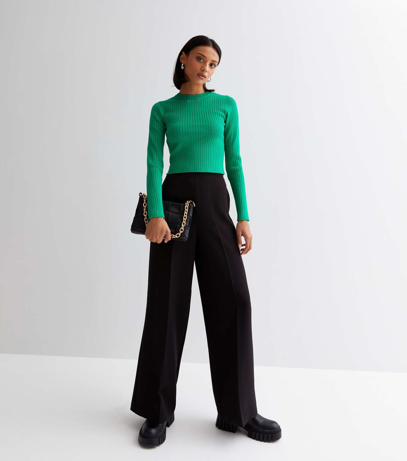 Black Crepe High Waist Wide Leg Tailored Trousers