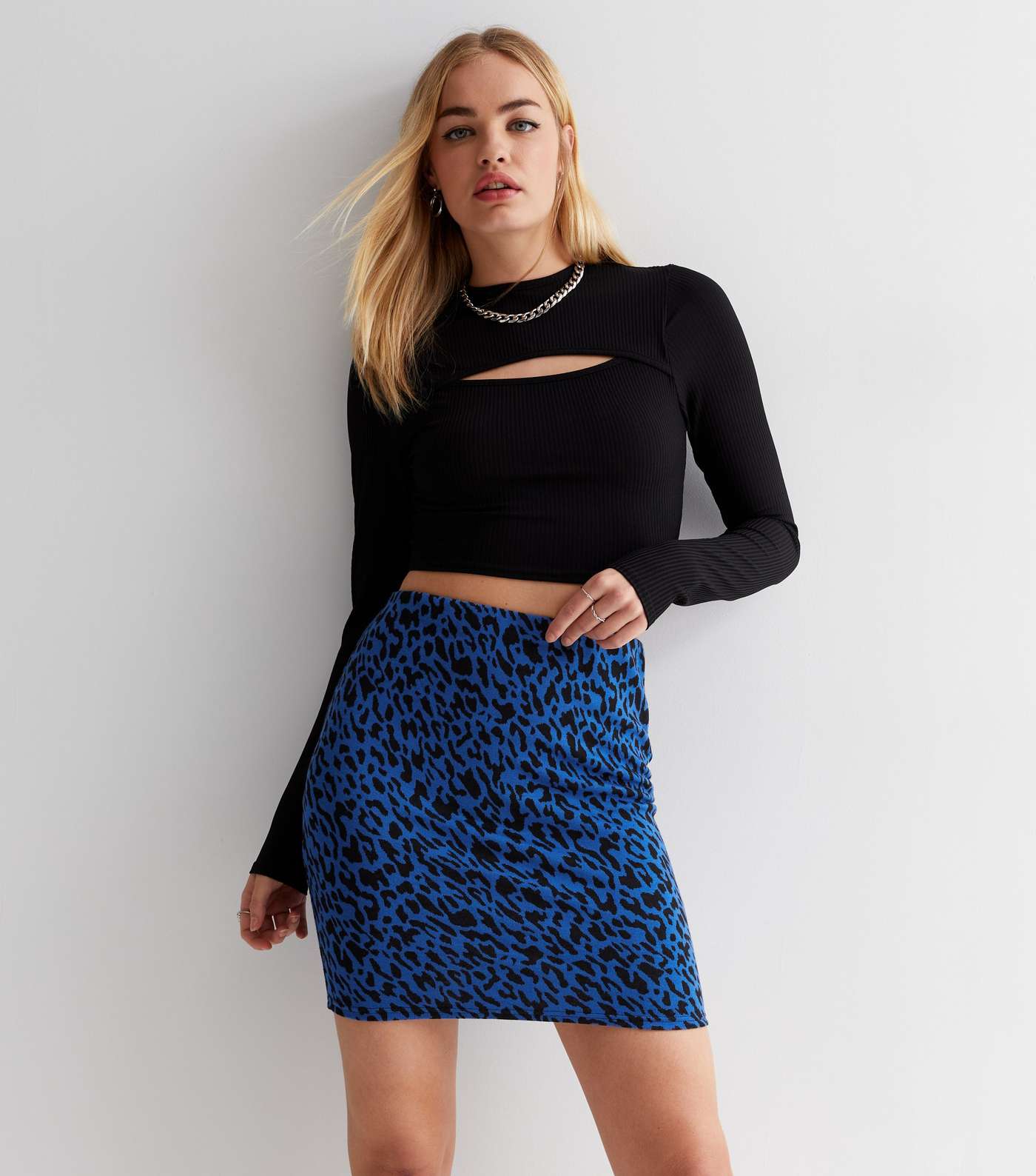 Blue Leopard Print Jacquard Mini Tube Skirt Image 3