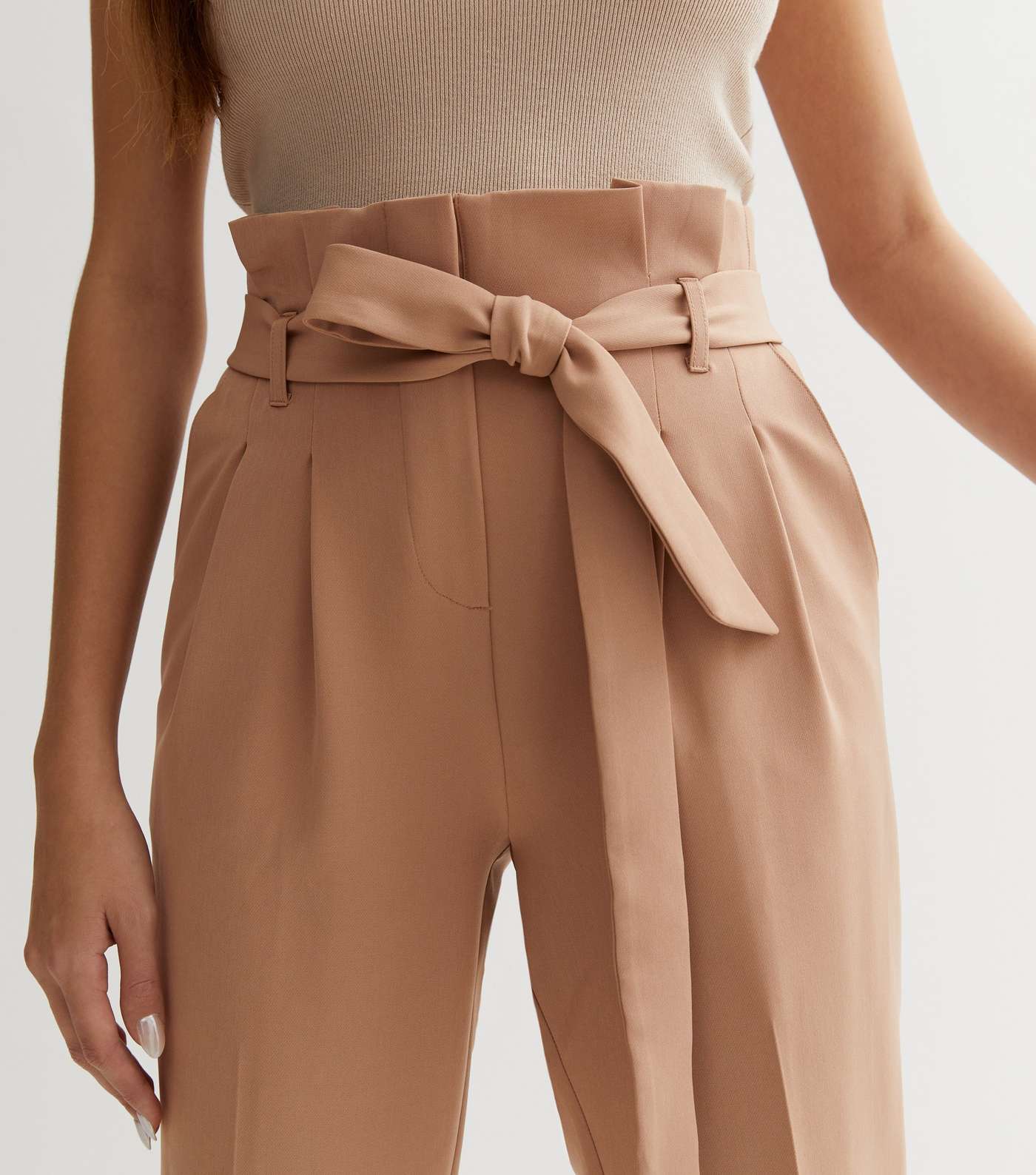 Camel Belted Paperbag Crop Trousers Image 2
