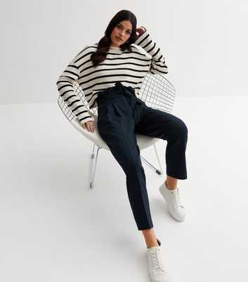 Navy Belted Paperbag Crop Trousers