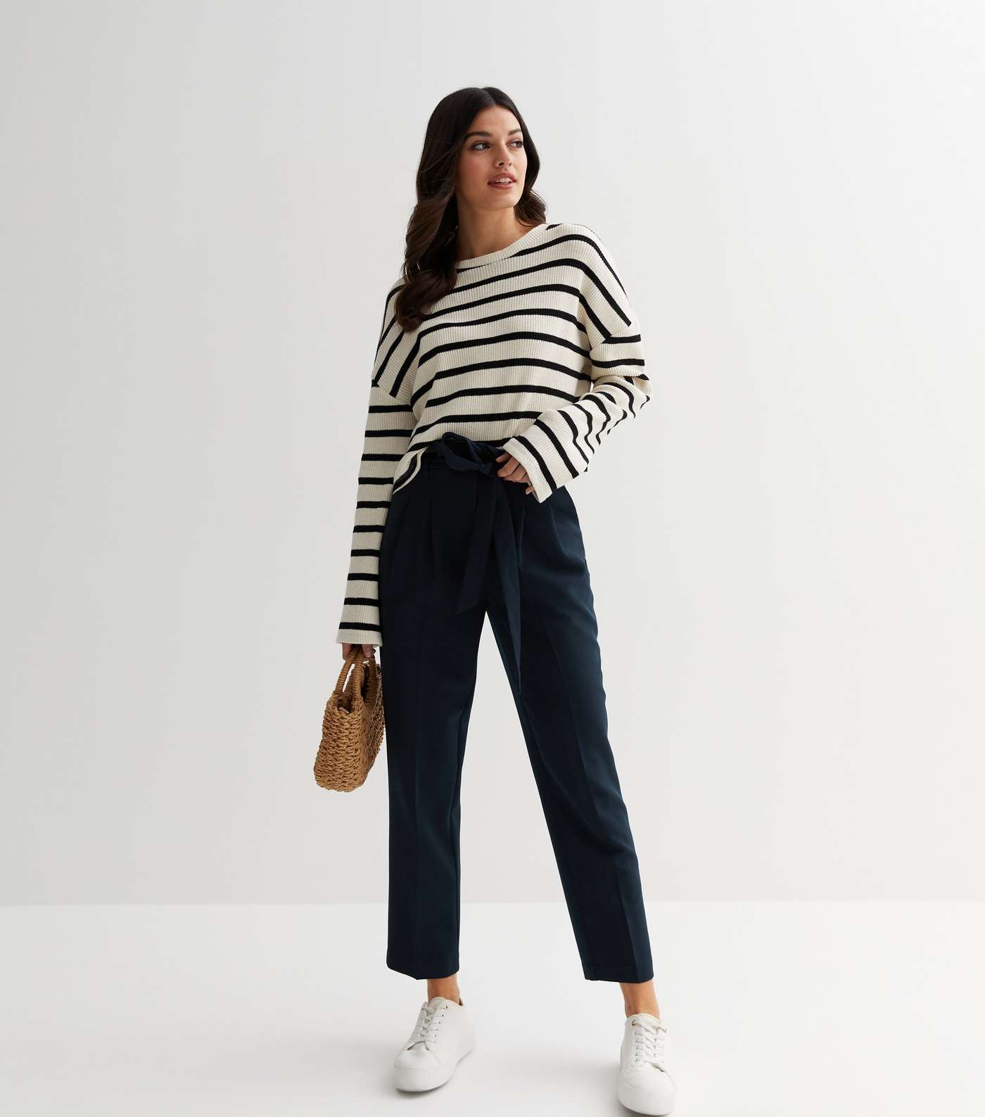 Navy Belted Paperbag Crop Trousers Image 2