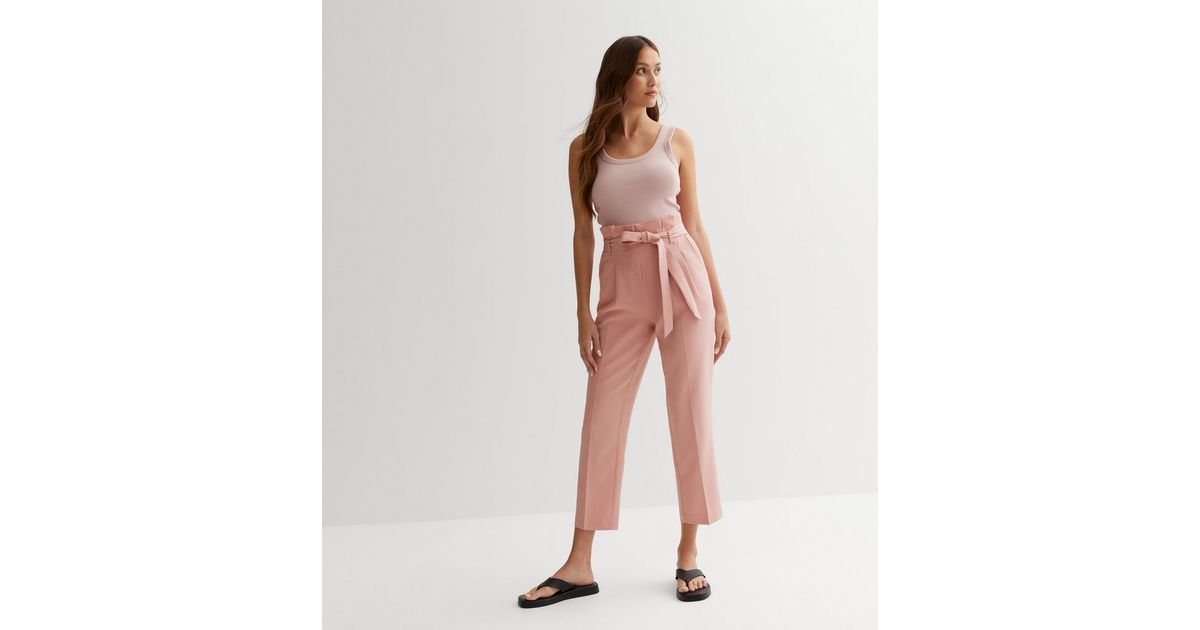 Mid Pink Belted Paperbag Crop Trousers | New Look