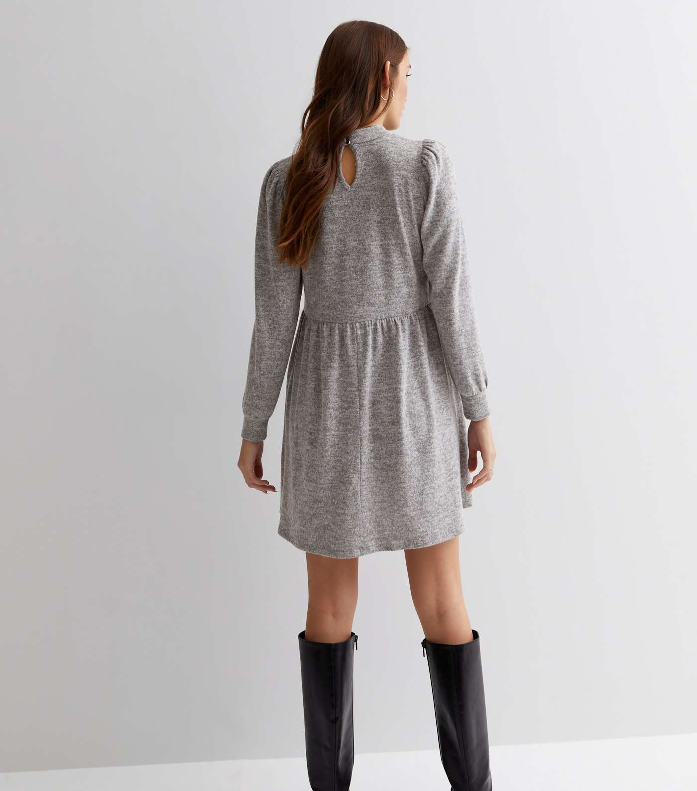 Pale Grey Fine Knit High Neck Mini Skater Dress Image 4