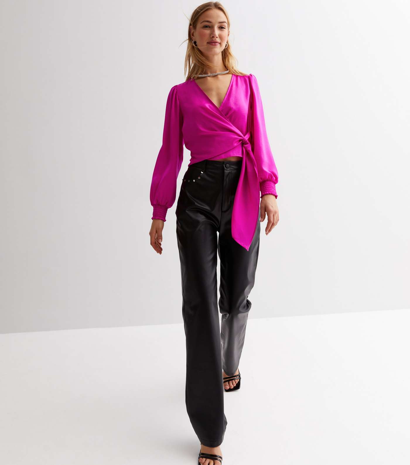 Bright Pink Satin V Neck Long Sleeve Tie Side Wrap Top Image 2