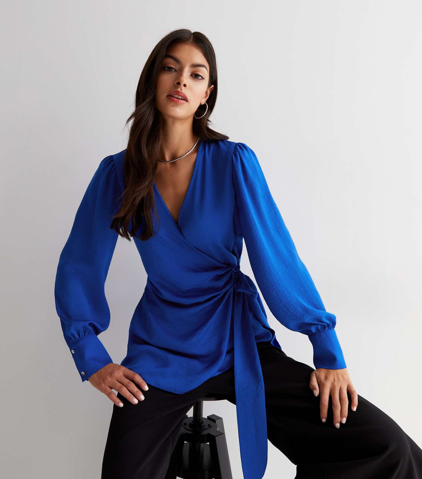 Bright Blue Tie Side Long Blouse Image 3