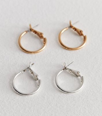 2 Pack Gold and Silver 15mm Skinny Hoop Earrings New Look