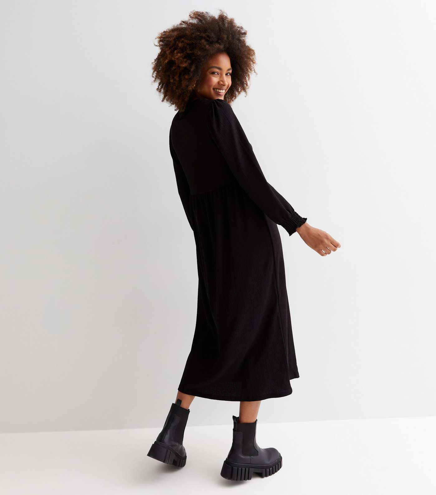 Black Crinkle Jersey Long Sleeve Midi Smock Dress Image 4