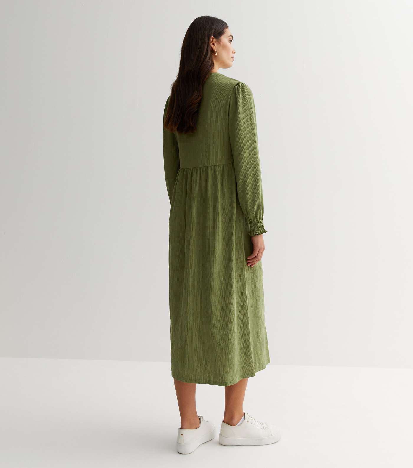 Khaki Crinkle Jersey Long Sleeve Midi Smock Dress Image 4