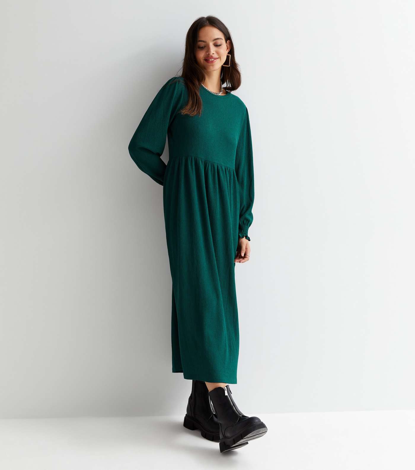 Dark Green Crinkle Jersey Long Sleeve Midi Smock Dress Image 2