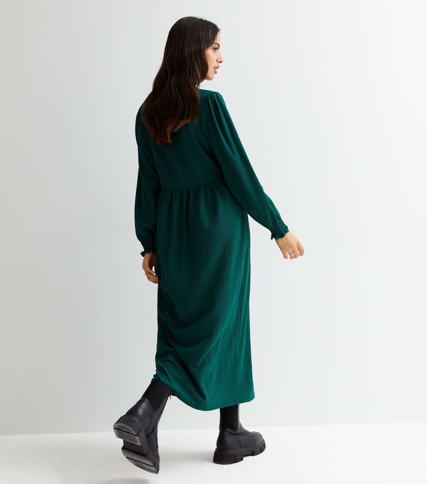Dark Green Crinkle Jersey Long Sleeve Midi Smock Dress Image 4