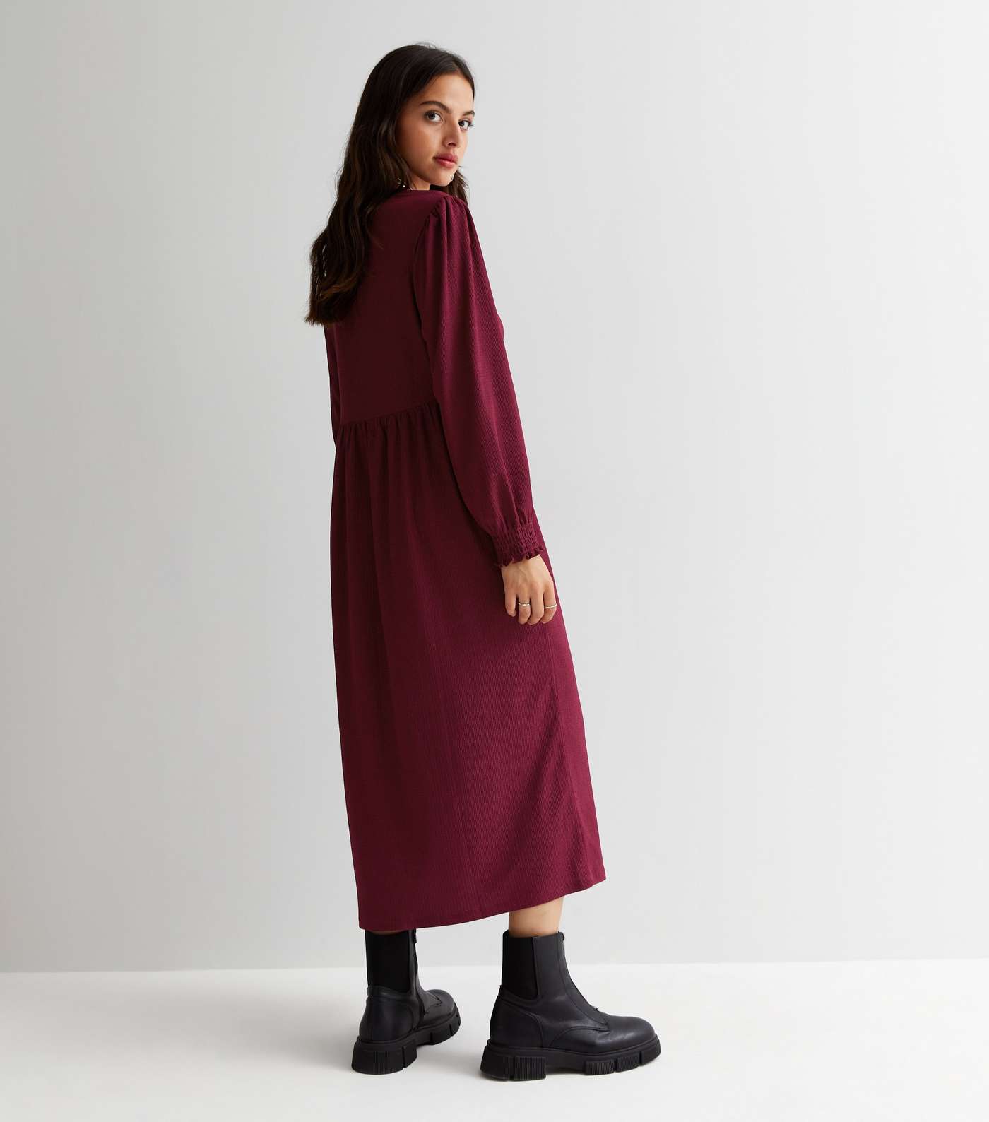 Burgundy Crinkle Jersey Long Sleeve Midi Smock Dress Image 4