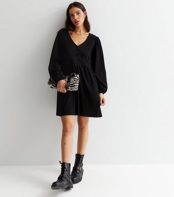 Black Crinkle V Neck Button Front Long Sleeve Mini Smock Dress