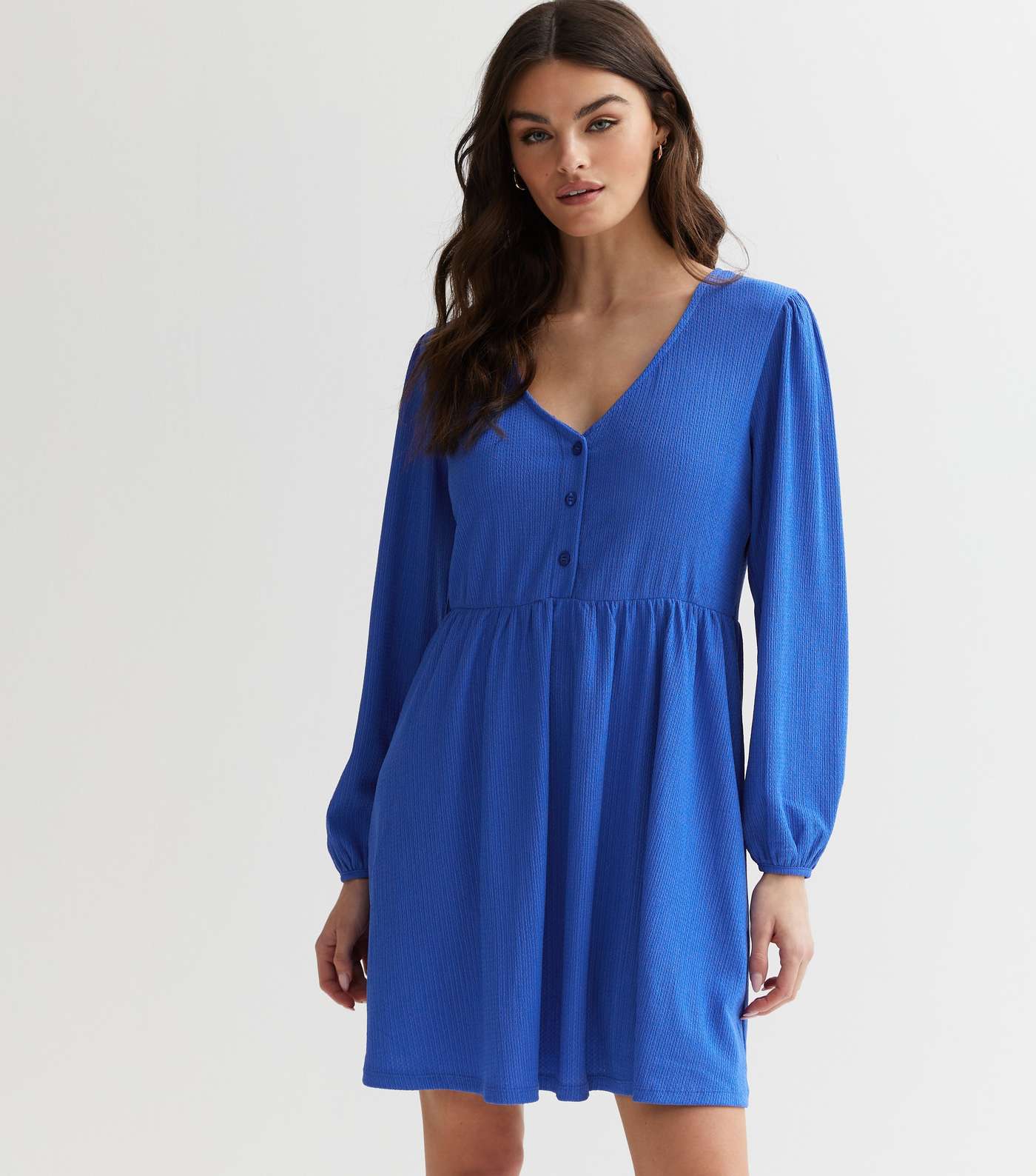 Bright Blue Crinkle V Neck Button Front Long Sleeve Mini Smock Dress Image 3