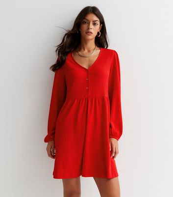Red Crinkle V Neck Button Front Long Sleeve Mini Smock Dress