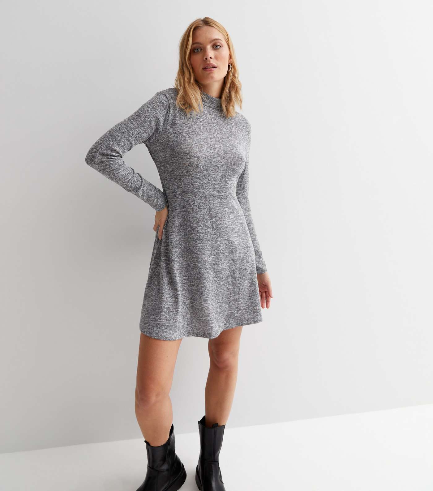 Grey Fine Knit High Neck Long Sleeve Mini Swing Dress Image 3