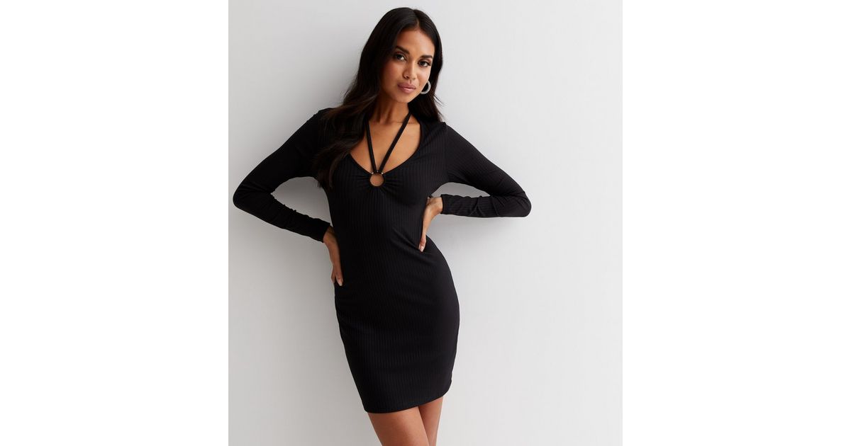 Black Ribbed Jersey Ring Cut Out Long Sleeve Mini Dress | New Look