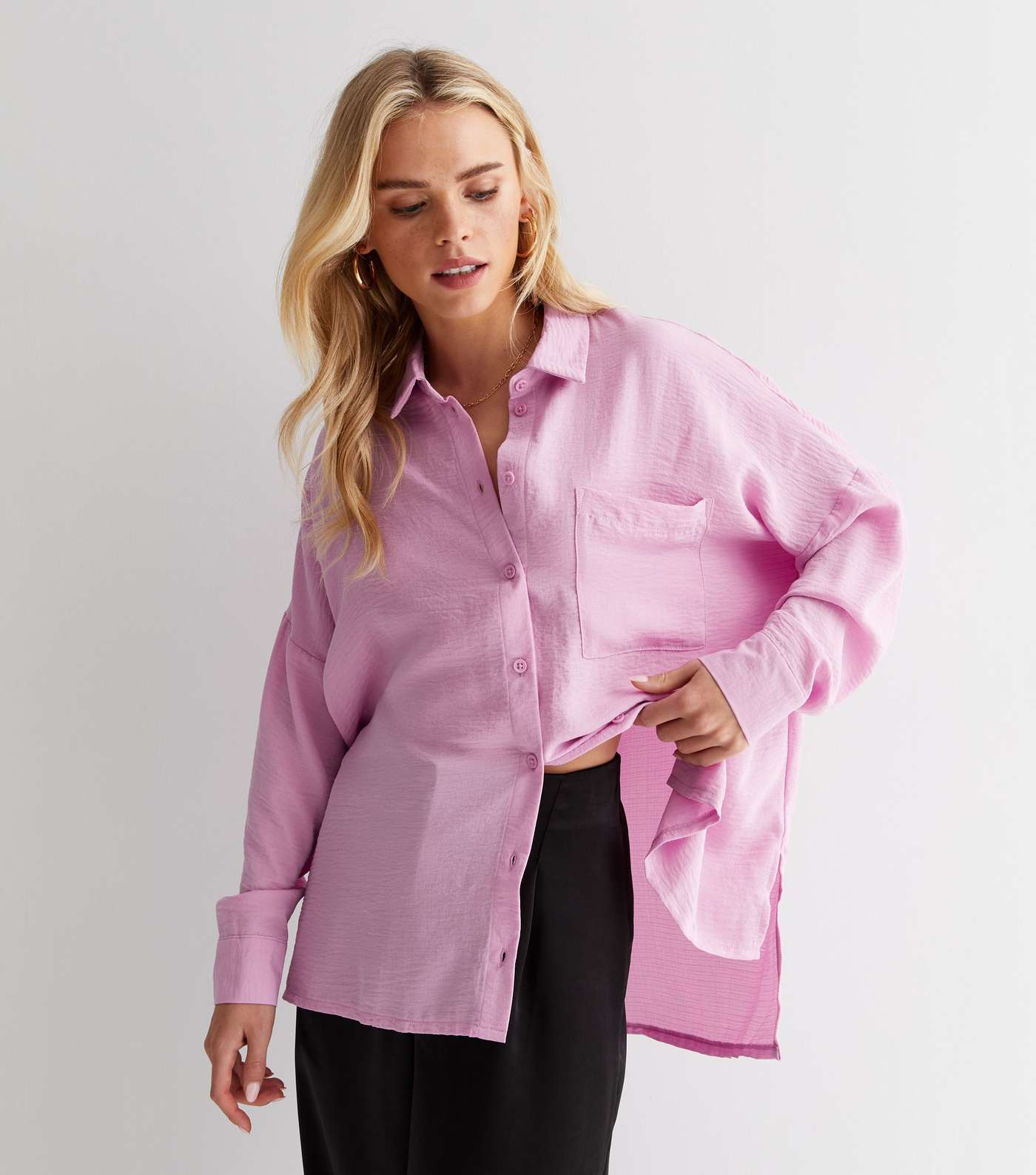 Petite Lilac Long Sleeve Pocket Front Oversized Shirt Image 2