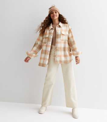 Girls Brown Check Long Sleeve Double Pocket Front Shacket