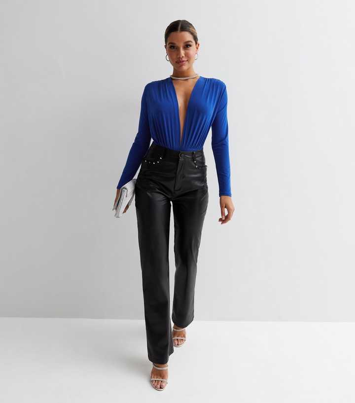 Blue velvet plunge bodysuit