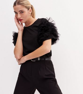 Black Organza Ruffle Short Sleeve T Shirt New Look