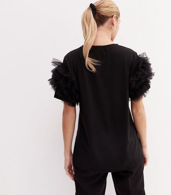 Black Organza Ruffle Short Sleeve T-Shirt | New Look