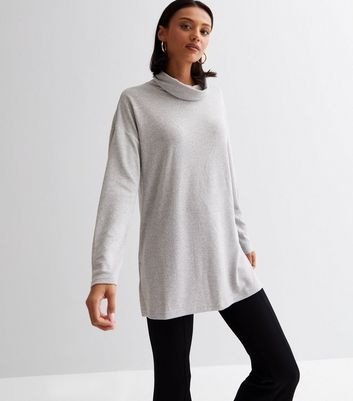 Pale Grey Brushed Fine Knit Cowl Neck Long Top New Look