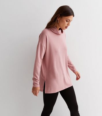 Mid Pink Brushed Fine Knit Cowl Neck Long Top | New Look