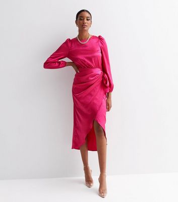 Bright Pink Jacquard Satin Long Puff Sleeve Tie Side Midi Dress