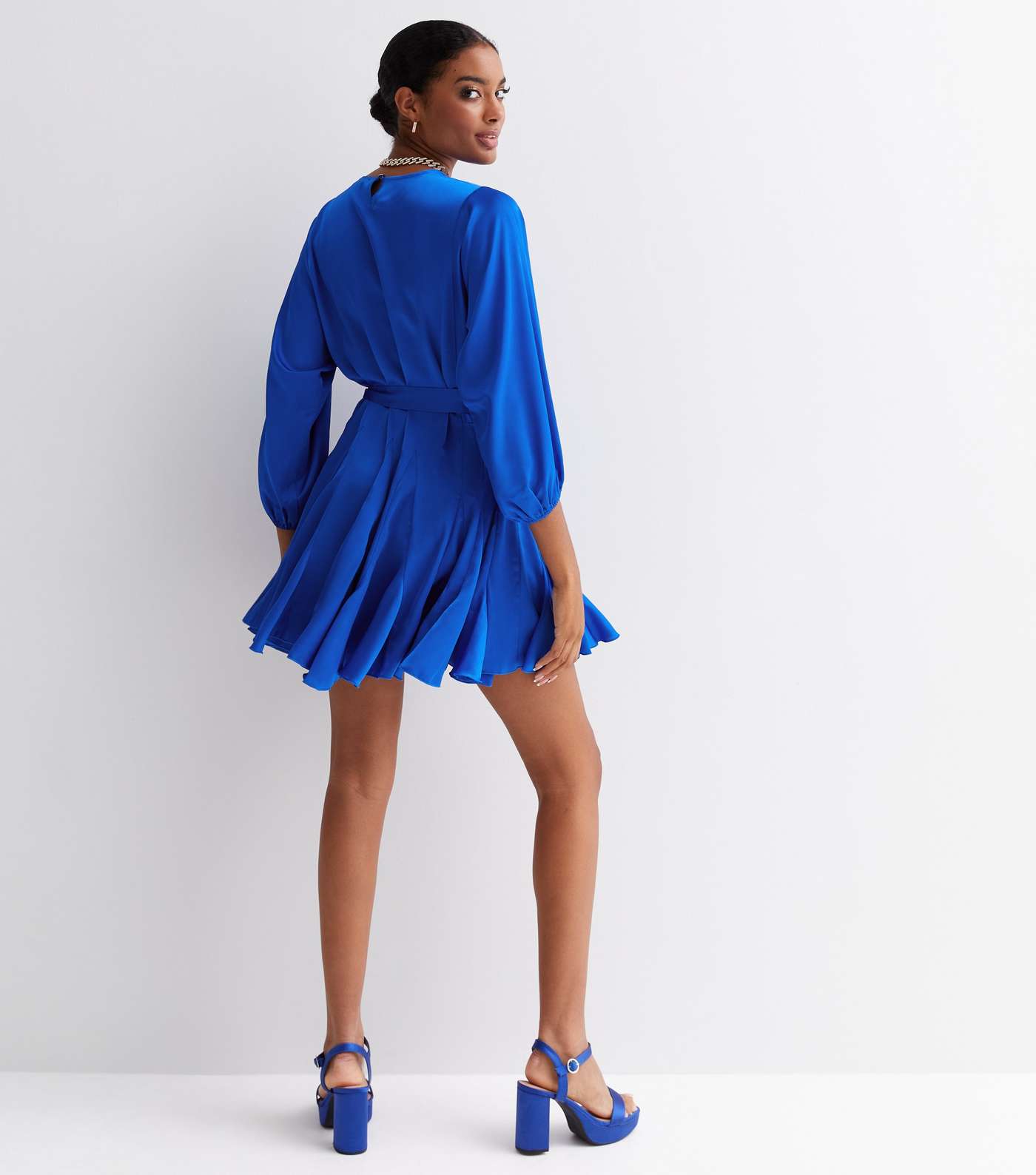 Blue Satin Long Sleeve Belted Mini Skater Dress Image 4