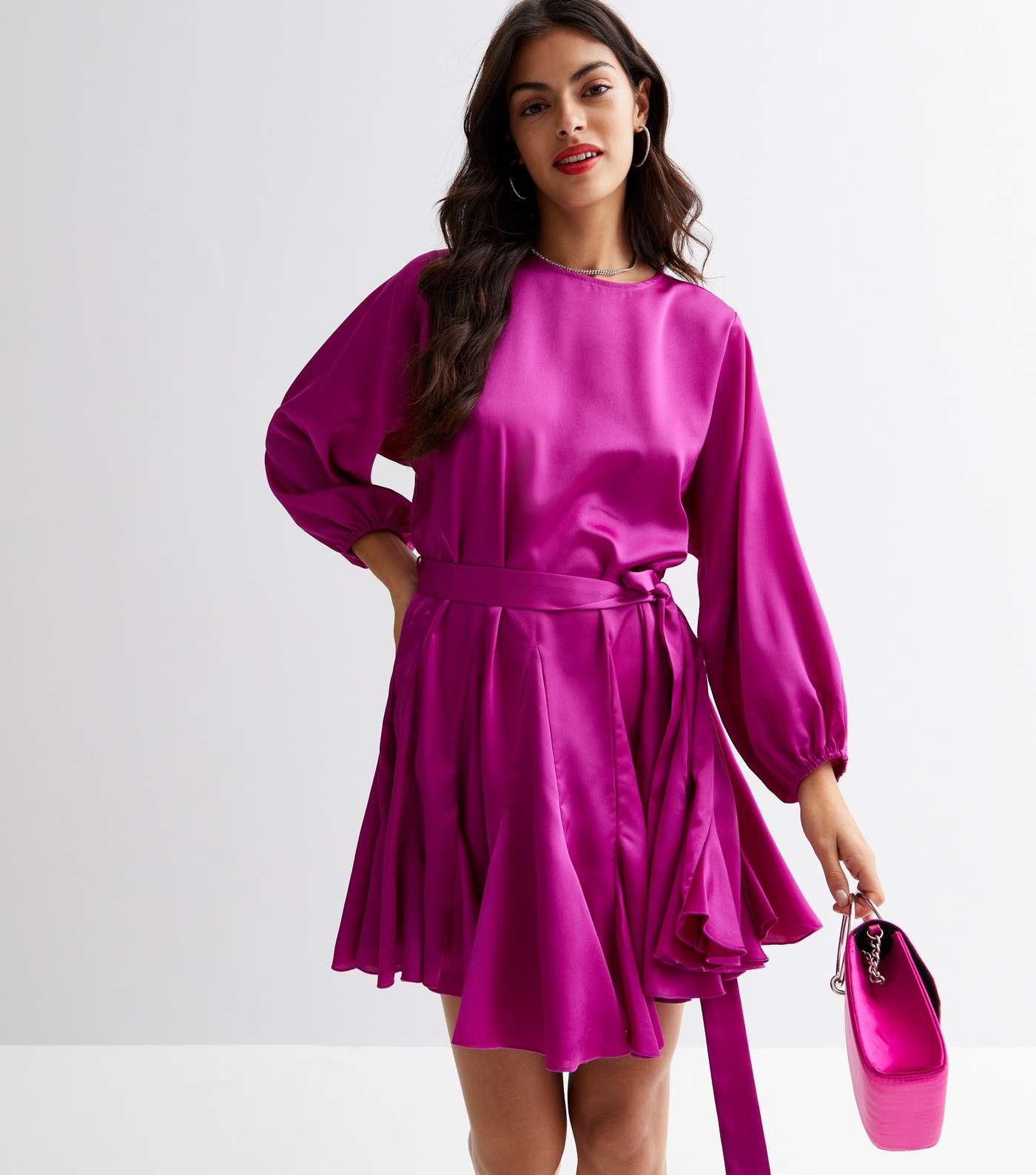 Deep Pink Satin Puff Sleeve Tie Waist Mini Dress Image 2