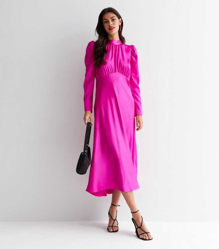 Bright Pink Satin High Neck Long Sleeve Midi Dress | New Look