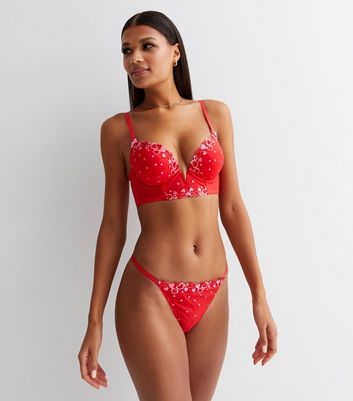 Red Heart Spot Embroidered Mesh Plunge Bra New Look