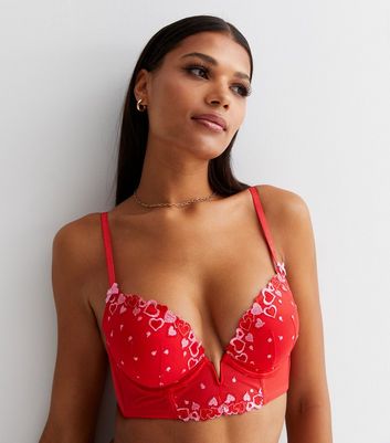 Red Heart Spot Embroidered Mesh Plunge Bra New Look