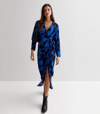 Blue Abstract Print Wrap Over Midi Shirt Dress New Look