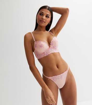 Pink Metallic Floral Embroidered Mesh Bow Thong