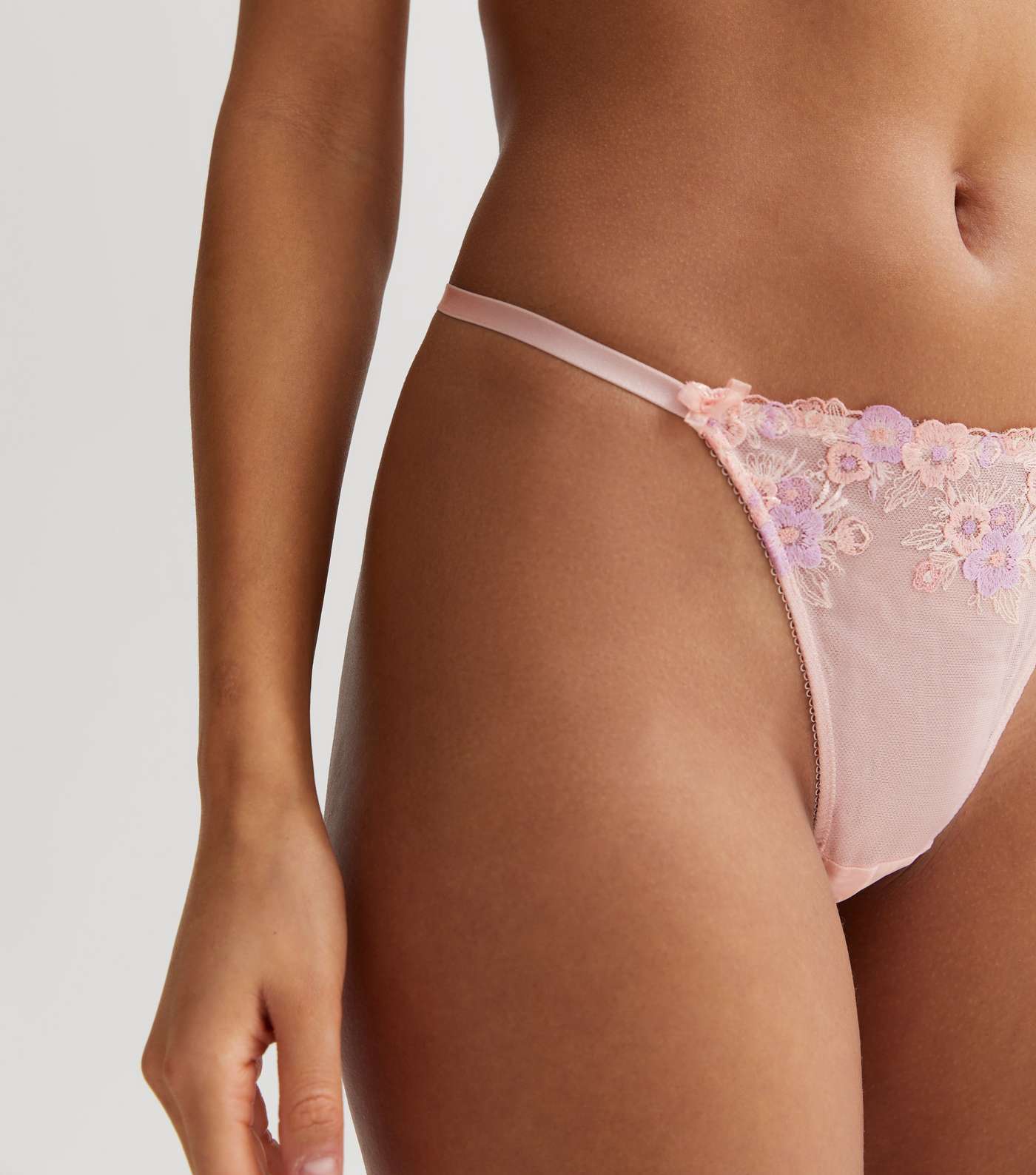 Pink Metallic Floral Embroidered Mesh Bow Thong Image 3