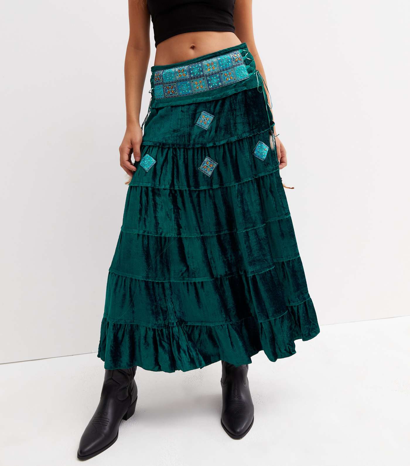 Blue Vanilla Teal Velvet Embellished Tiered Midi Skirt Image 3