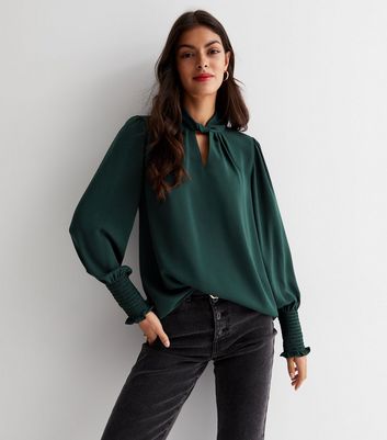 Dark Green High Neck Twist Cut Out Long Sleeve Shell Top