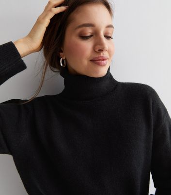 Black Knit Roll Neck Split Hem Jumper | New Look