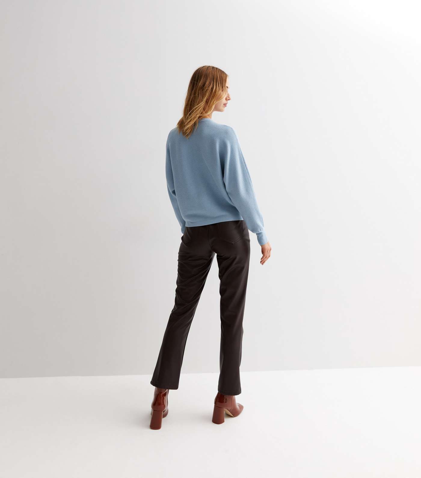 Pale Blue Ribbed Knit Crew Neck Batwing Jumper Image 4