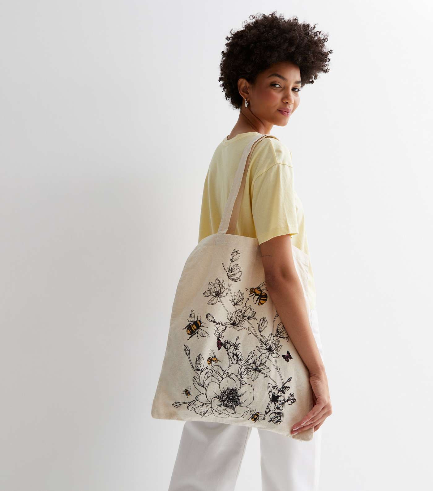 Off White Floral Bee Canvas Tote Bag Image 2