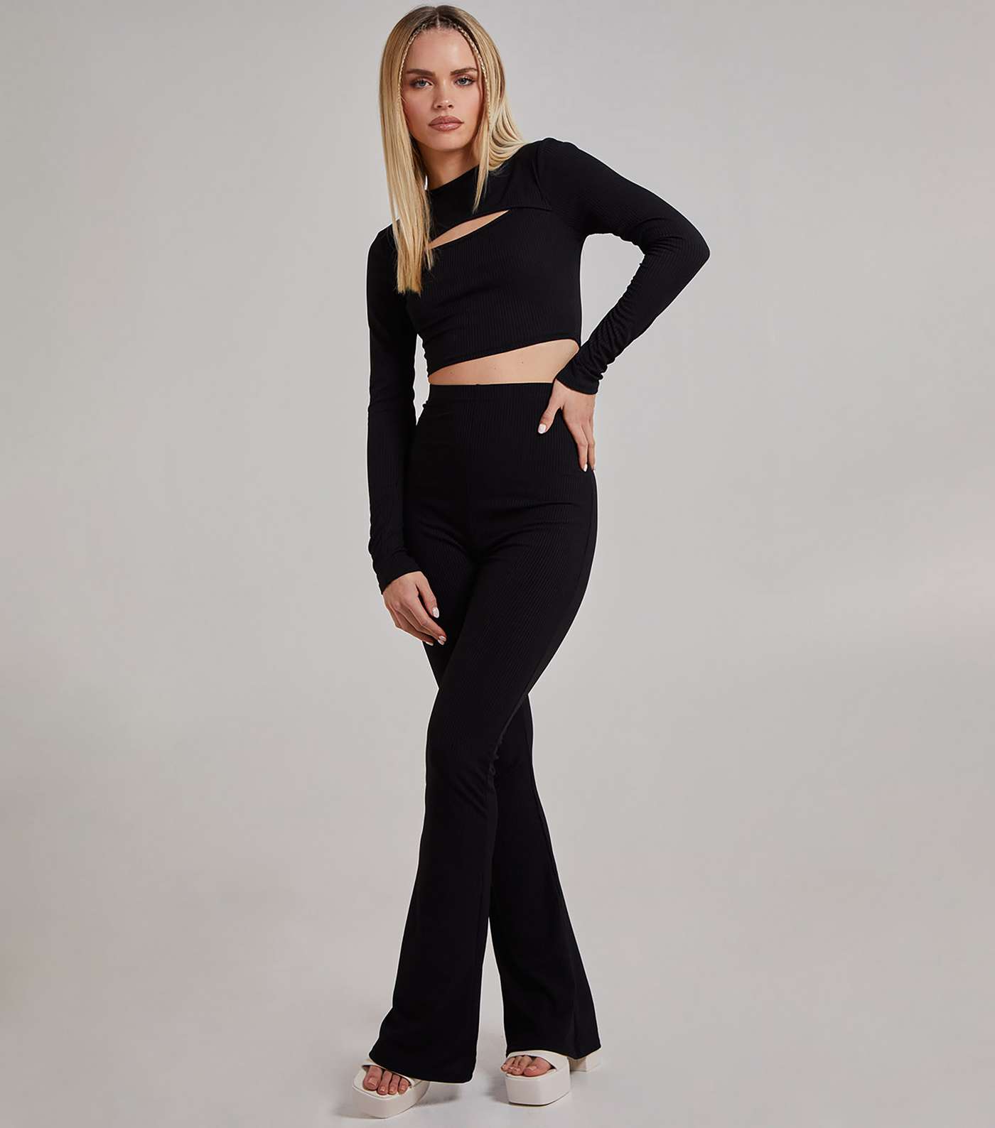 Pink Vanilla Black Ribbed Jersey Flared Trousers