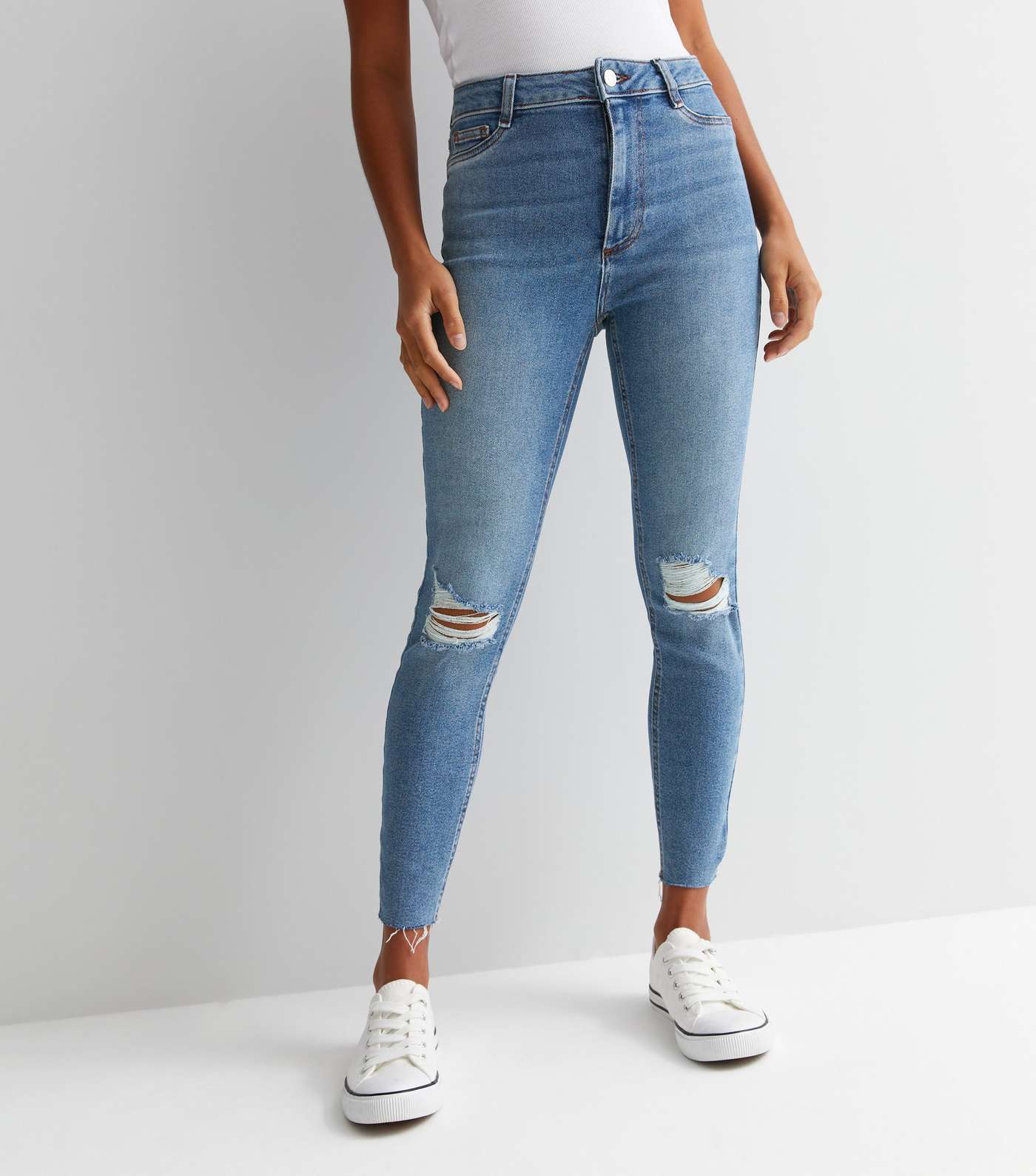 Petite Blue Ripped Knee High Waist Hallie Super Skinny Jeans Image 2